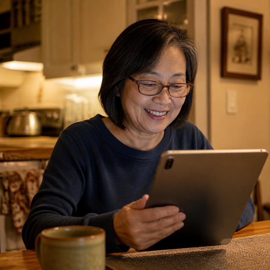 Baby boomer woman smiling while reading a simple website on a tablet at her kitchen table