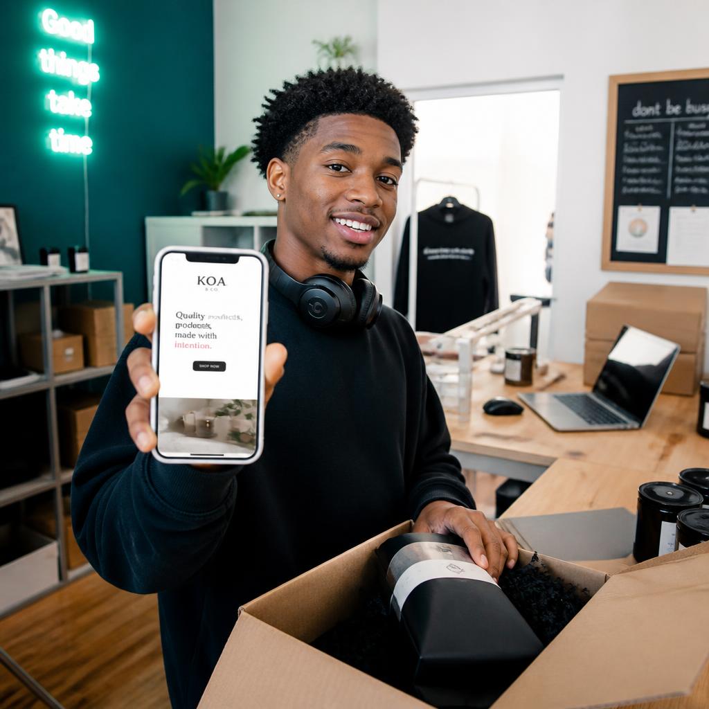 Young Gen Z business owner holding a phone showing his new landing page while packing orders